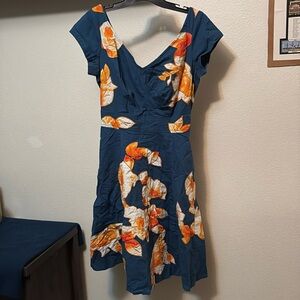 EShakti Dress Sz Custom 10, Flowers, teal, smocked waist, pockets cap sleeves 💙